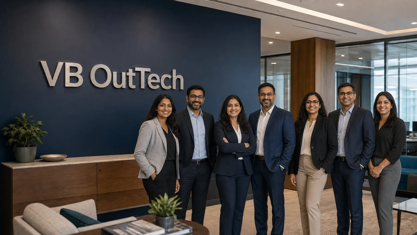 Professionals together in a modern VB OutTech office