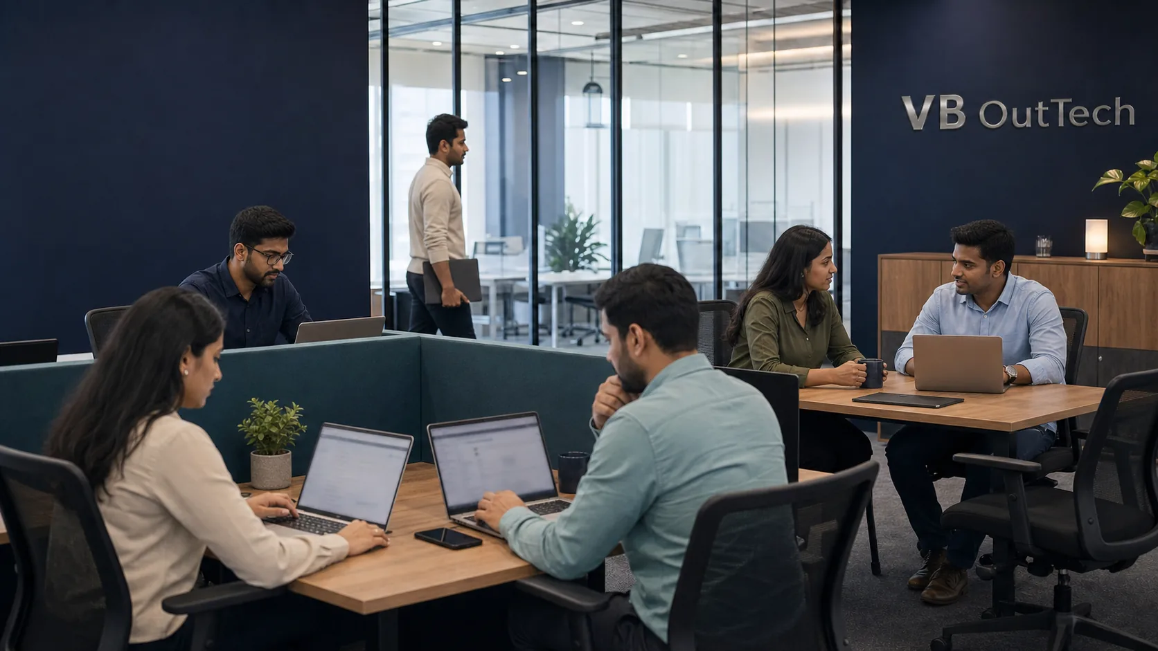Professionals collaborating in a modern office